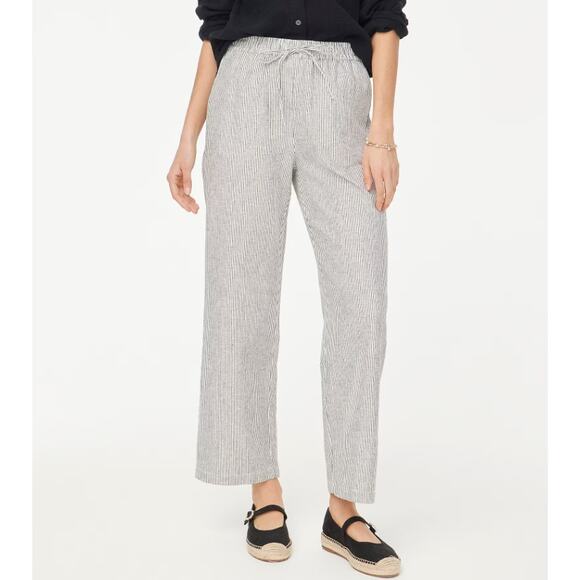 J.Crew Linen Blend Slim Wide Leg Drawstring Pants 14 Black White Striped Relaxed - Picture 1 of 8